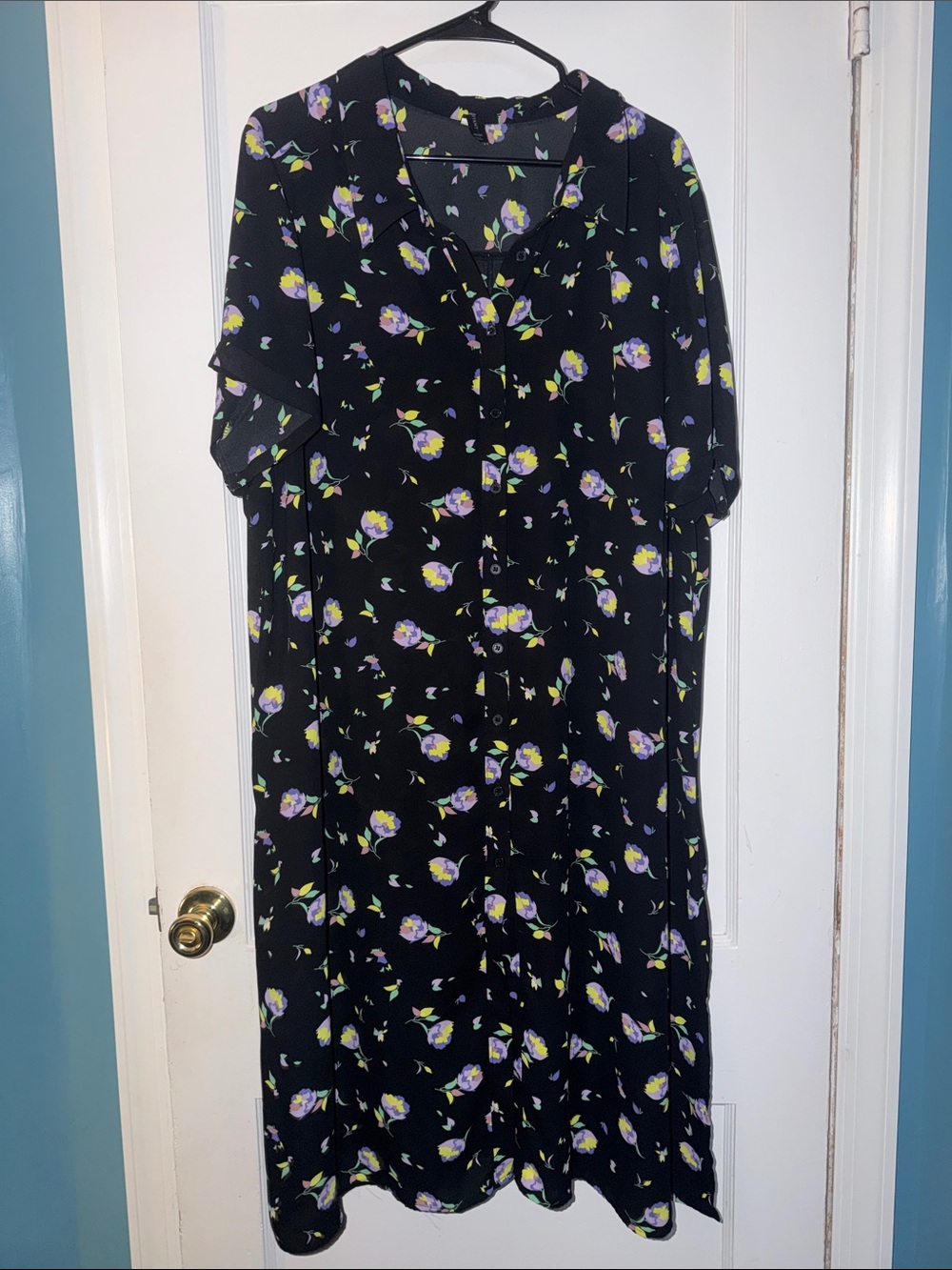 Lane Bryant Black Midi Button Dress w/Purple & Yellow Floral Print size 22/24